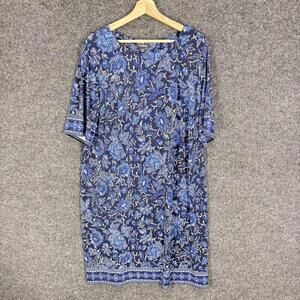 Roz & Ali Dress Women 2X Plus Blue Floral Shift Midi 3/4 Sleeve Round Neck